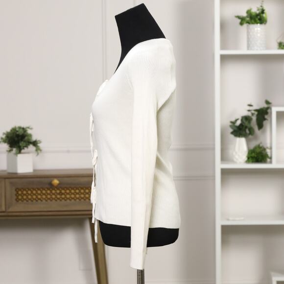 NWOT Abercrombie & Fitch Cream Ribbed Bow Front Top boho Chic Long Sleeve Size M - Picture 4 of 12